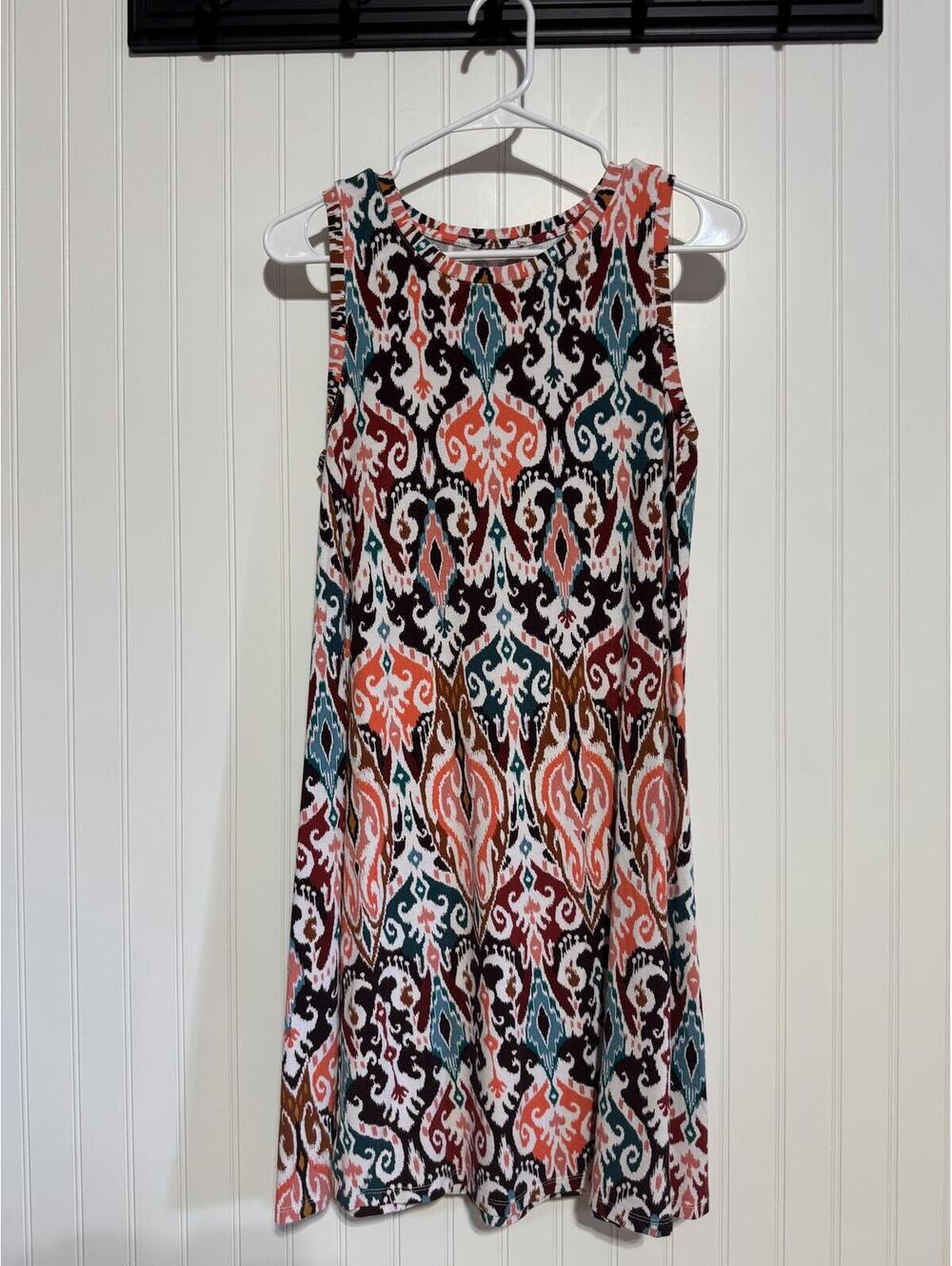 Colorful Ikat Tribal Print Sleeveless Swing Dress Summer Casual A-Line Medium